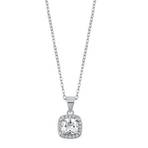 Sterling Silver CZ Necklace – Cushion Halo Pendant
